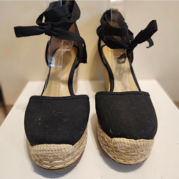Michael Kors Black Canvas Wedge Heel Tie-up Mk Logo Espadrilles Sz.6 Ret.$184 - Picture 6 of 11
